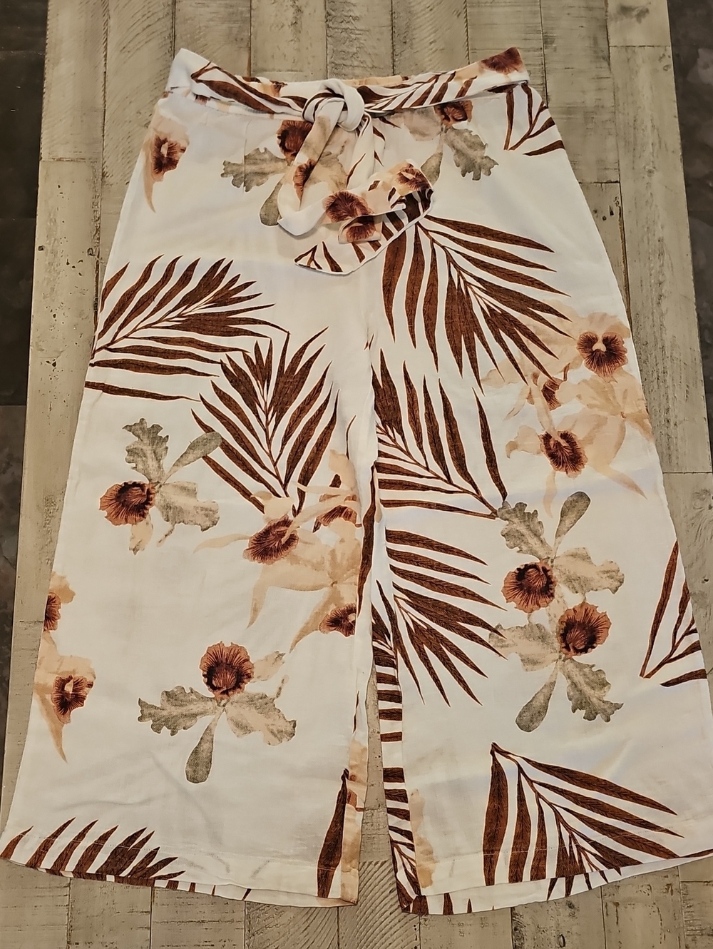Larry Levine Cream Floral Elastic Tie Waist  Pants